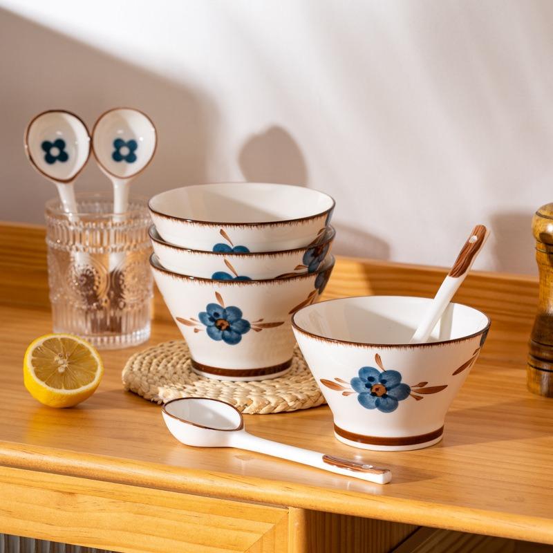 Hand painted rui blue hat bowl household ceramic tall rice bowl noodle bowl fruit bowl salad bowl