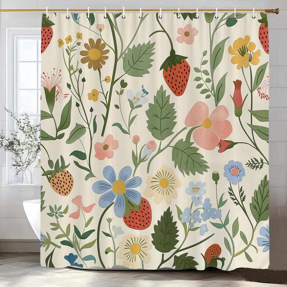 Lemon, Strawberry, Peach Tropical Fruit Shower Curtain, Bathroom Decorative Shower Curtain, Print Polyester Curtain With Hooks
