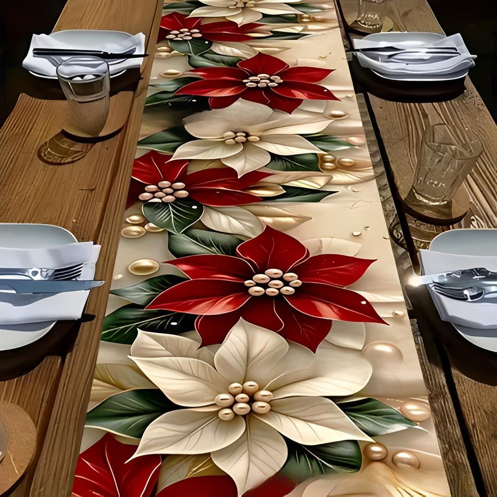 Elegantní bílý růže a borovice běhoun na stůl - 2D plochý tisk sváteční dekorace s červenou vánoční hvězdou a zeleným listovím, na Vánoce, Den díkůvzdání