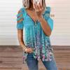 2023 European & American Women's V-Neck Zipper Floral Short-Sleeve Loose T-Shirt