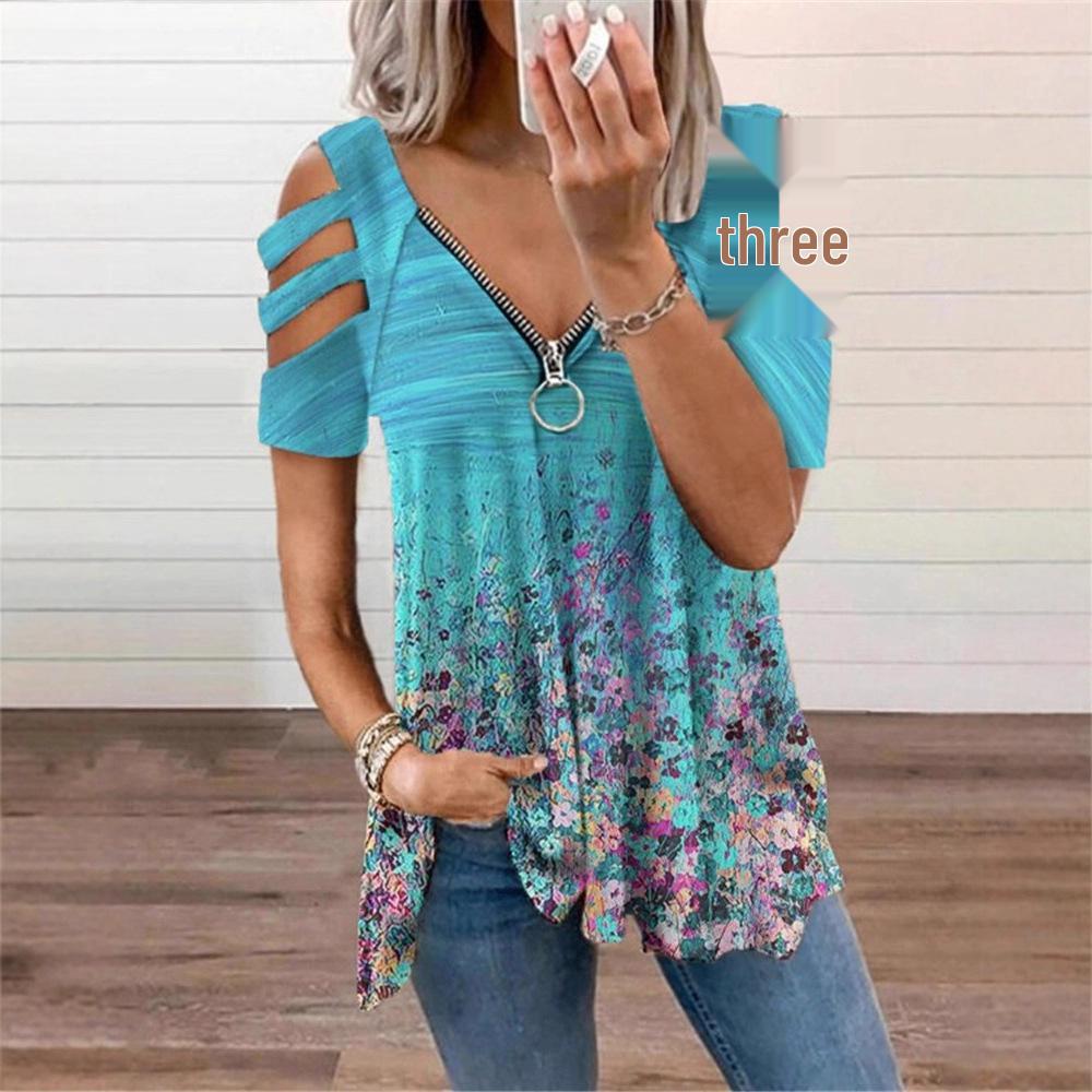 2023 European & American Women's V-Neck Zipper Floral Short-Sleeve Loose T-Shirt