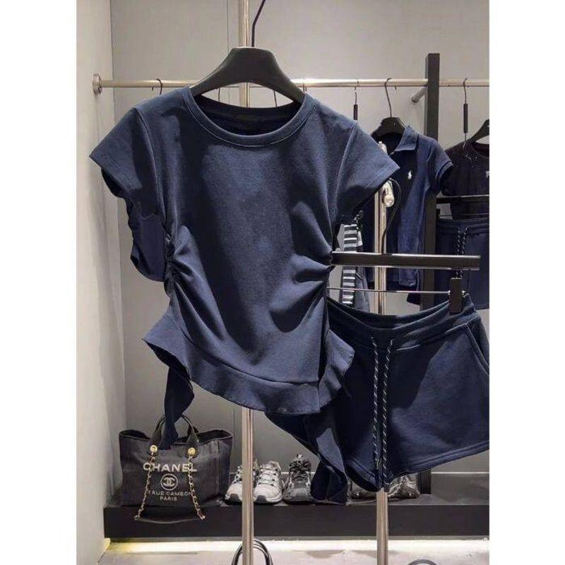 Korean Style Gyaru round Neck Shoulder Short sleeve T-shirt Women Summer Slim fit Temperament Design Irregular Frill Top
