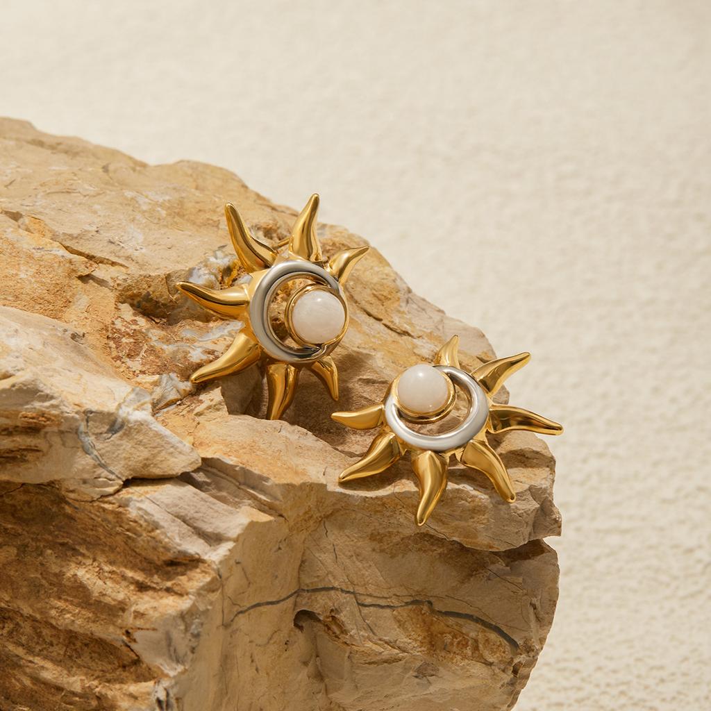 Youthway Gold And Color-Blocking Design Moonstone Sun Stud Earrings Stainless Steel Women’S Everyday Jewelry Gift
