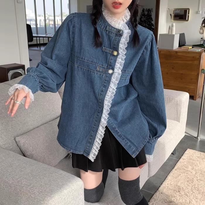 2026 Women's Plus Size Lace Denim Shirt - Loose Fit, Long Sleeve, Short Jacket for Spring and Autumn
