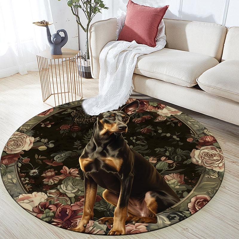 Dogs & Vintage Flowers Pattern Round rug,Carpet Rug for Living Room Bedroom Playroom ,Non-slip Floor Mat,Holiday Gifts and Birthday Gifts.