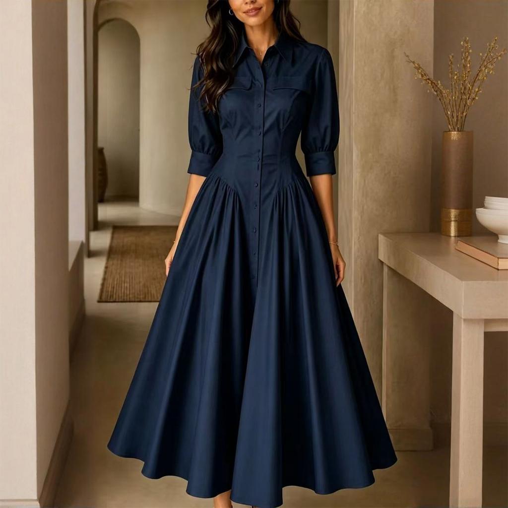 Dames Elegante Knopen Voorkant Hoge Taille Katoen Linnen Jurk met Zakken, Kleur, Casual Zomer Midi Jurk