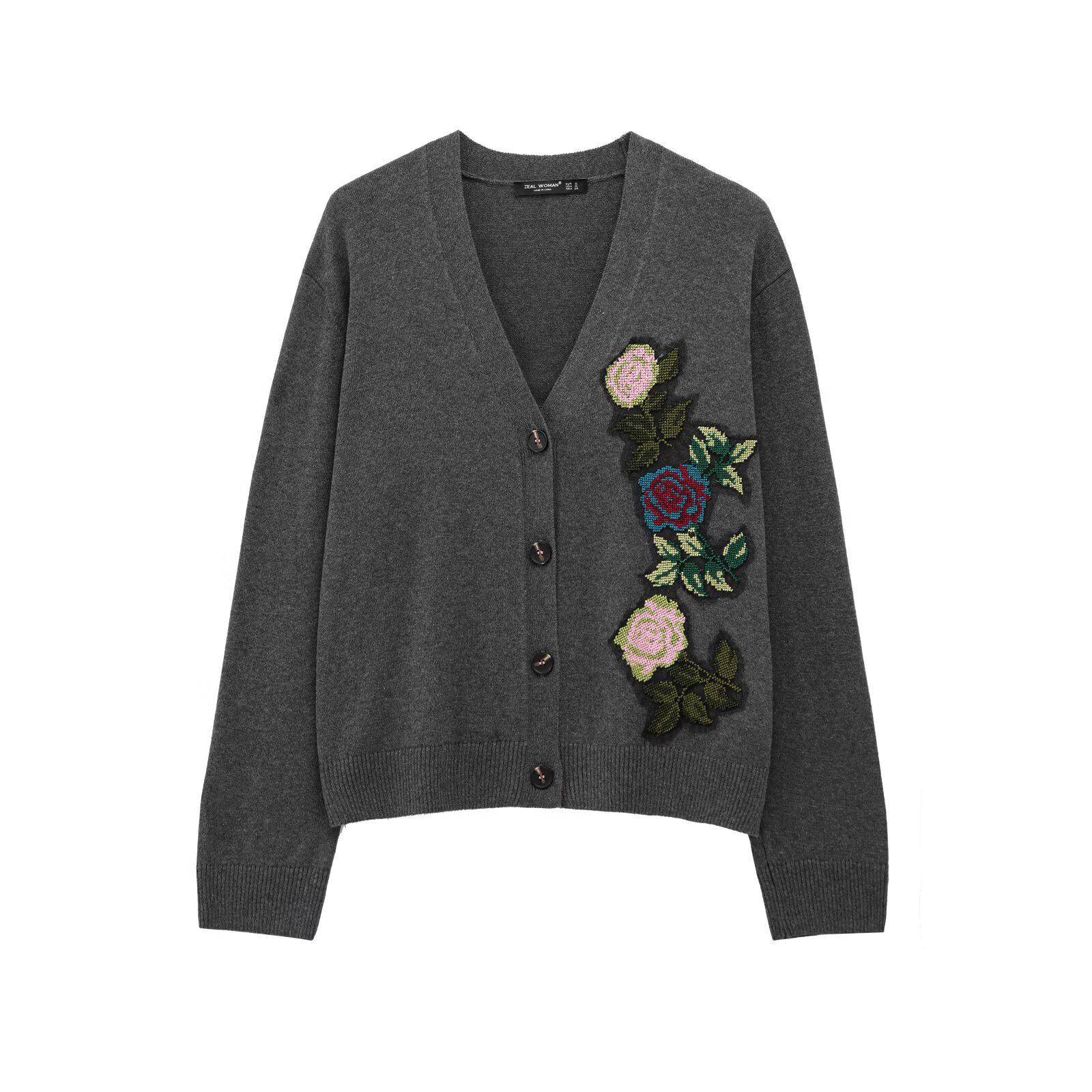 

Весна 2025 Женский вязаный кардиган с V-образным вырезом и длинным рукавом с цветочной вышивкой Large