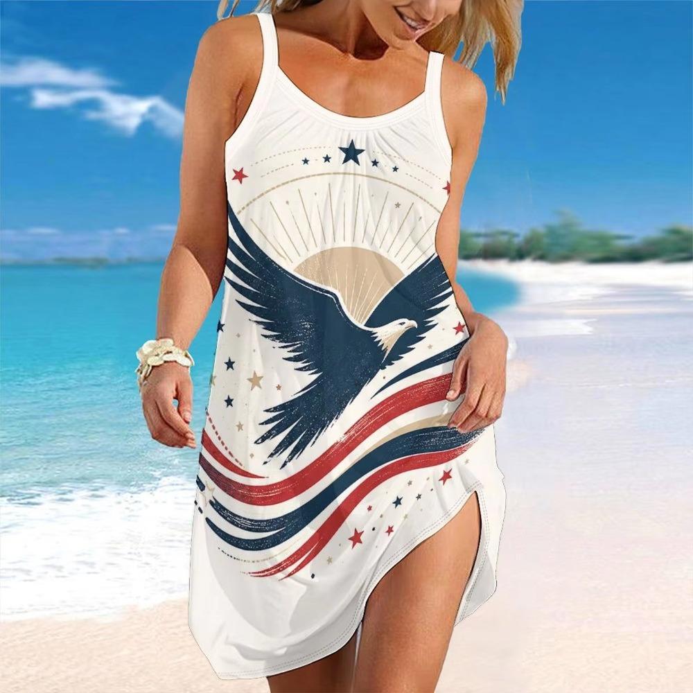 Women Spaghetti Strap Beach Dress V Neck Pleated Loose Mini Dress Custom Print Ladies Vacation Cover Up Dress