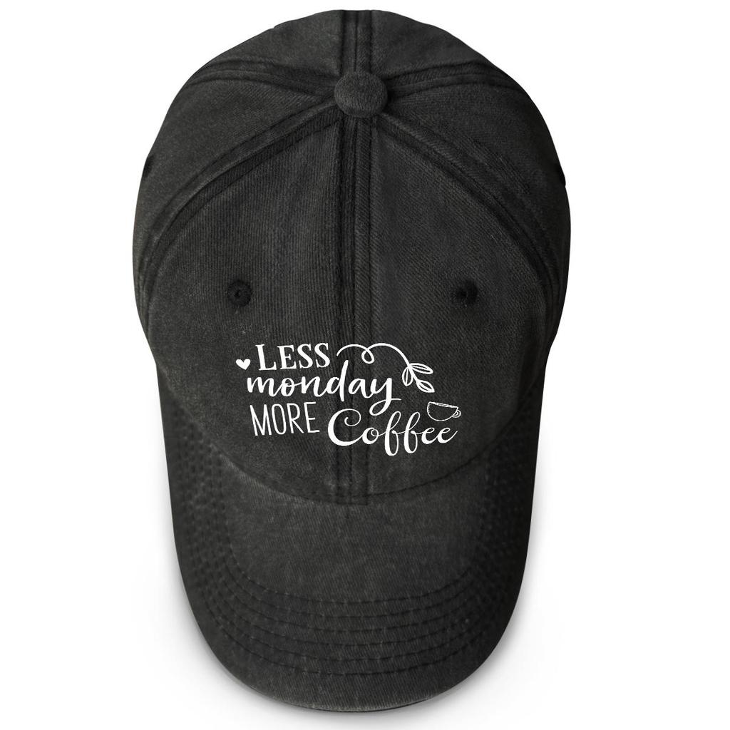 LESS monday MORE Coffee" Print Snapback Baseball Hat, Sports Hat Slouchy Distressed Solid Casual Adjustable Baseball Cap