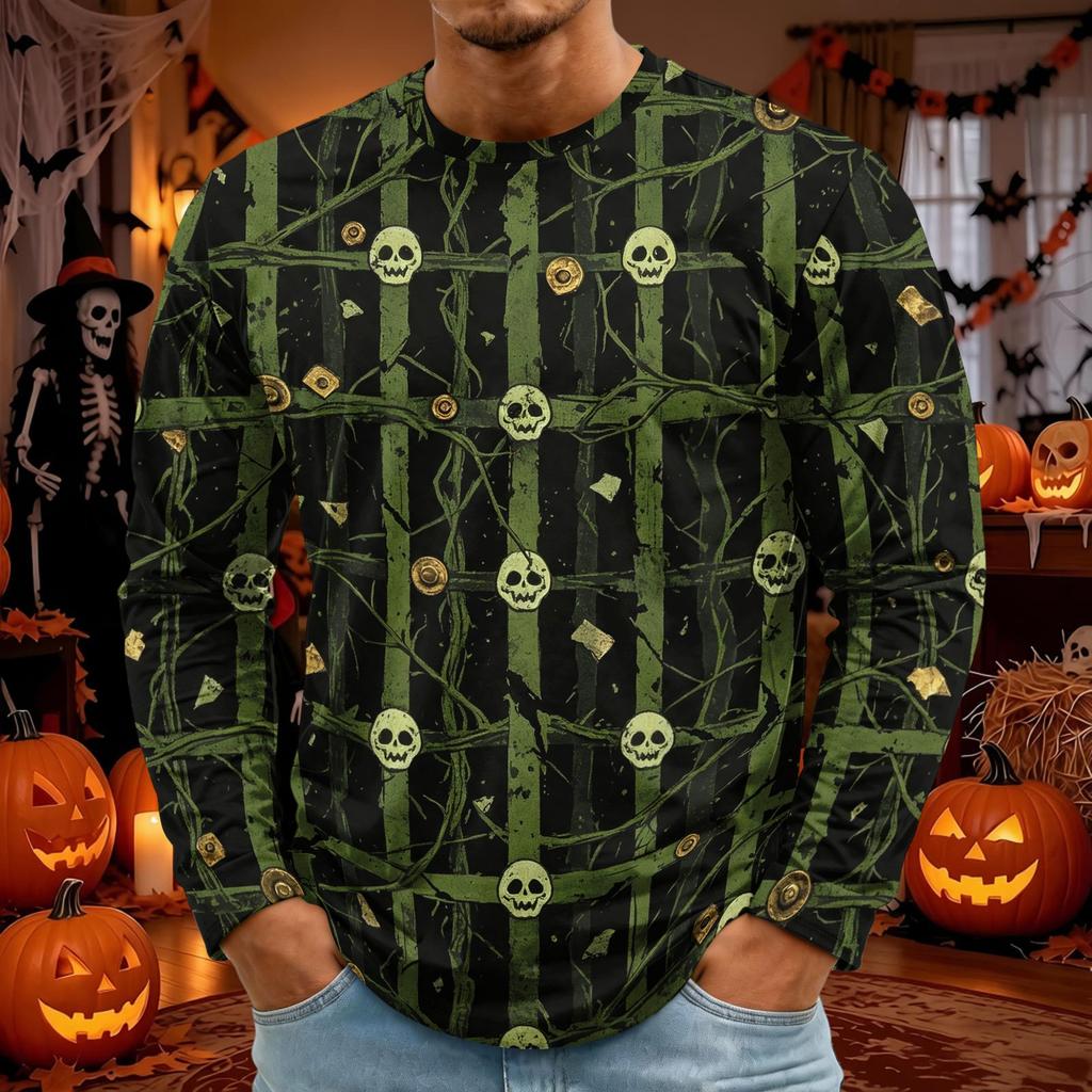 Men's Halloween Print Long Sleeve Neck T-Shirt for Holiday Party