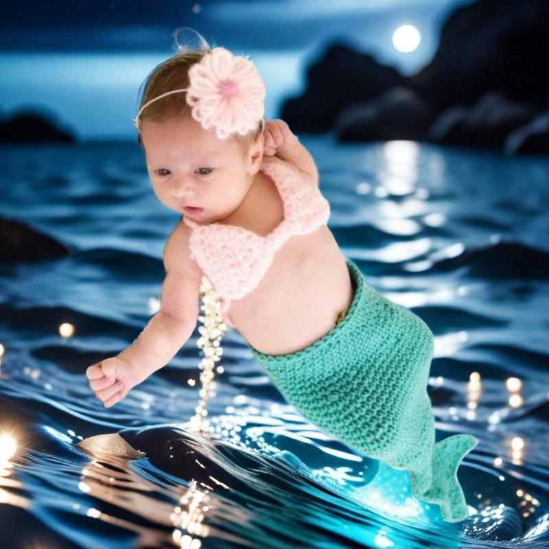 Soft Knitting Baby Sea-maiden Costume Chest Flower Headwear for Capturing Beautiful Moment In Newborns Photography