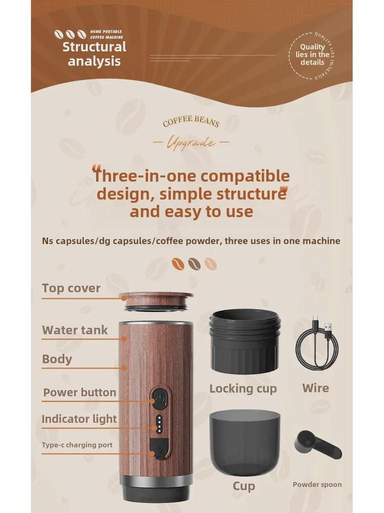 Přenosný bezdrátový kávovar na espresso: Systém 3 v 1 italská automatická kapsle a kávový prášek