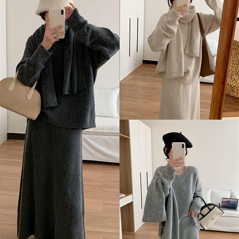 Strick-Zweiteiler in Übergröße: Weicher Bauchweg-Midirock & Top für Herbst/Winter