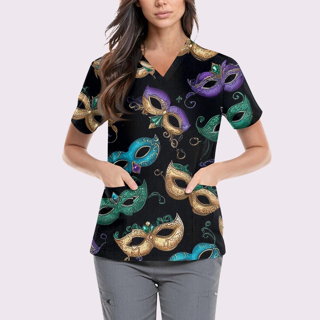 Women's Cute Printed Work Clothes V-neck Double Layer Pockets Basic Short Sleeve Top Pullover Valentines