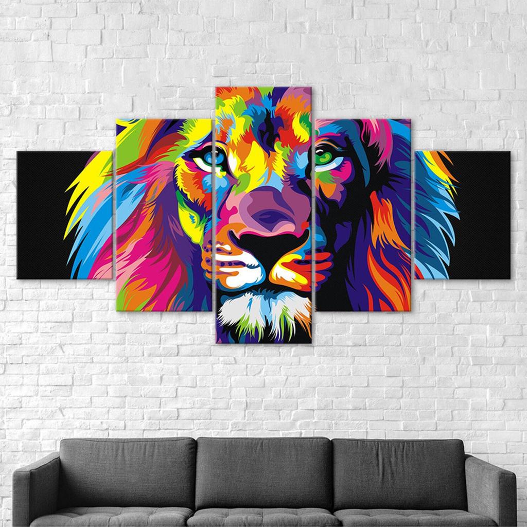 Abstract Lion Colorful Face 5 Piece Five Panel Wall Canvas Print Pictures Modern Art Poster Home Decor Gift For Him For Her