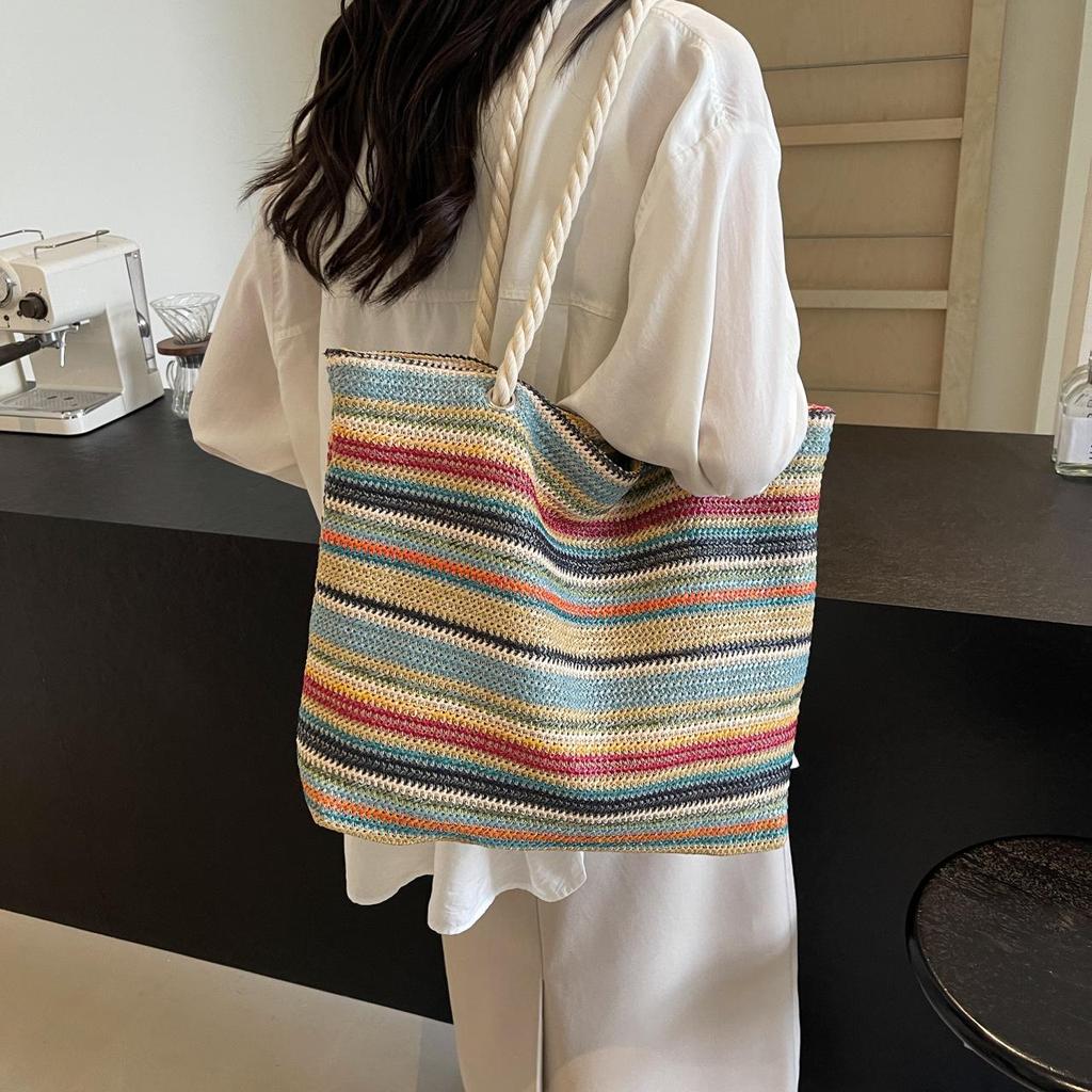 Summer 2026 Women's Straw Tote: Rainbow Weave, Large Capacity, Vacation Style Handbag
