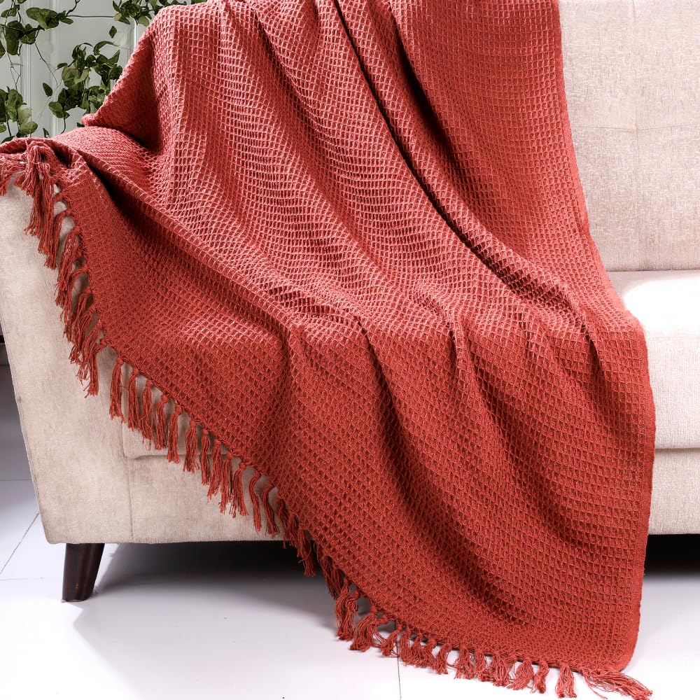 Waffle Weave Cotton Throw Blanket – Lightweight, Breathable & Cozy for Sofa or Bed (100% Cotton)(50X60 Inches) Rust 50X60 Inches