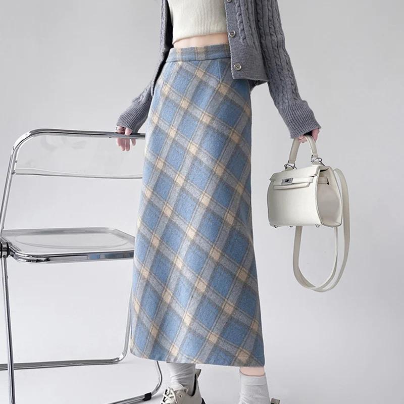 Autumn Vintage Checkered Woolen Skirts Lady Elegant High Waist Slimming A-Line Skirt Women Korean Streetwear Slit Long Skirt