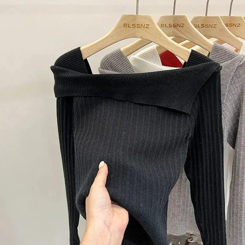 Slash Neck Knitwear Off Shoulder Top Women's Thin Bottomed Shirt Slim Long Sleeve Hotsweet Casual Commuting New Fashion