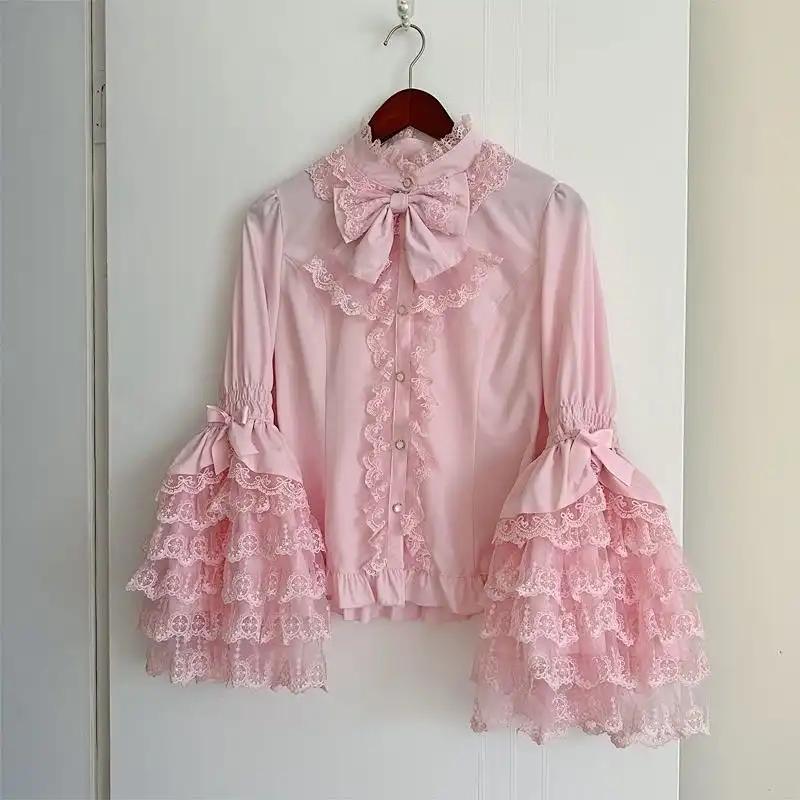 Women's Lolita Style Lace Ruffle Bow Long Sleeve Blouse