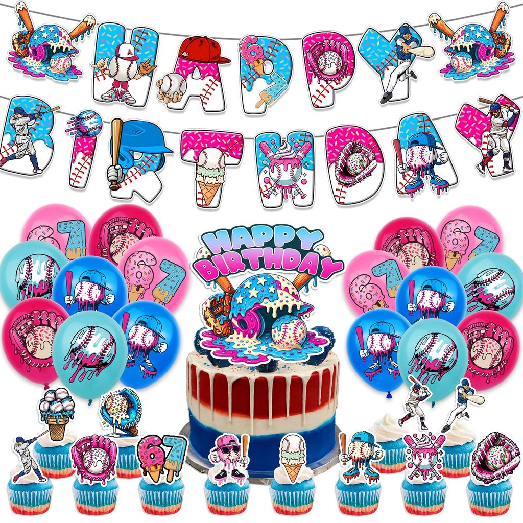 Baseball Donut Ice 67 themed Birthday Disposable Paper Tableware with Cups Plates Cake Topper Gift Bag Party Supplies