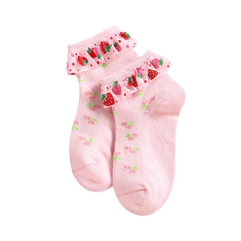 Girls Strawberry Print Ruffle Socks Breathable Eyelet Ankle Socks Cute Summer Cotton Boat Socks For Kids