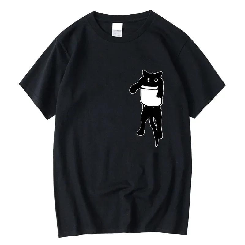 Summer Mens High Quality Tshirt 100 Cotton Funny Pocket Cat Print Men Loose Cool Oneck T Shirt for Men Short Sleeve Male Tee
