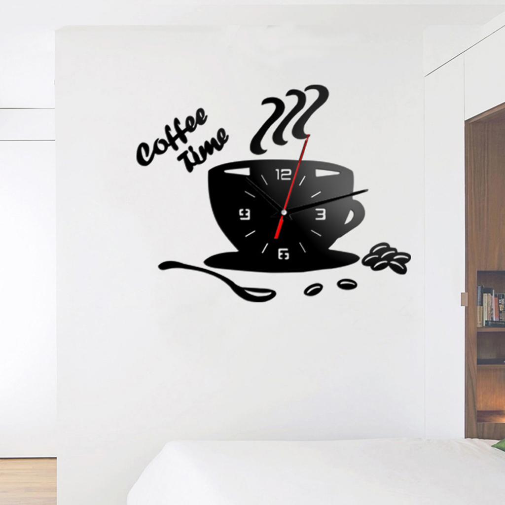 DIY Acrylic Mirror Wall Clock Coffee Cup Design Silent Home Decor