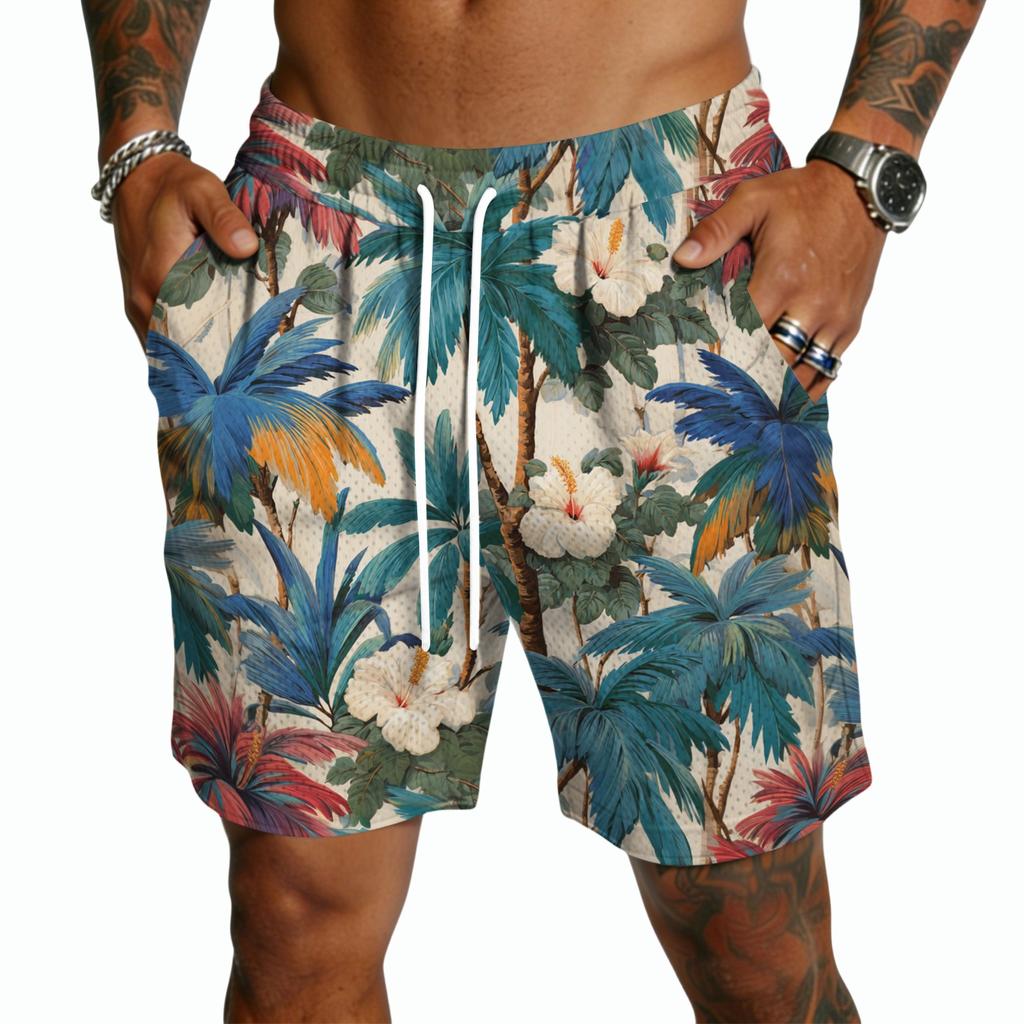 Men's Casual Drawstring Shorts Lightweight Quick Dry Five Point Pants Hawaiian Print Beachwear Summer Bottoms