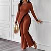 New Summer Women's Fashion Color Block Long Sleeve Side Slit T-Shirt + Patchwork Pants Set