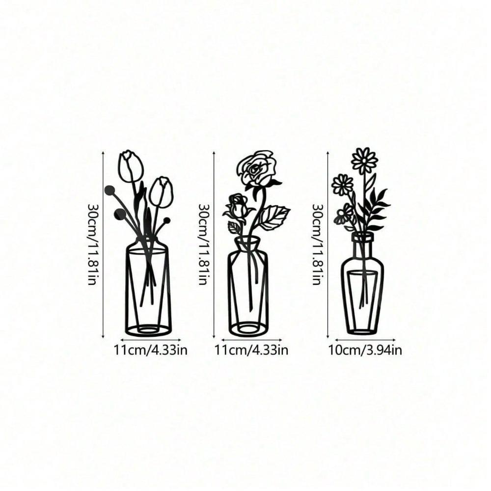 3 Pieces Metal Flower Wall Art, Iron Vase Wall Sculpture for Home Decor, Modern Minimalist Design, Rustproof for Kitchen Living Room Bathroom Study