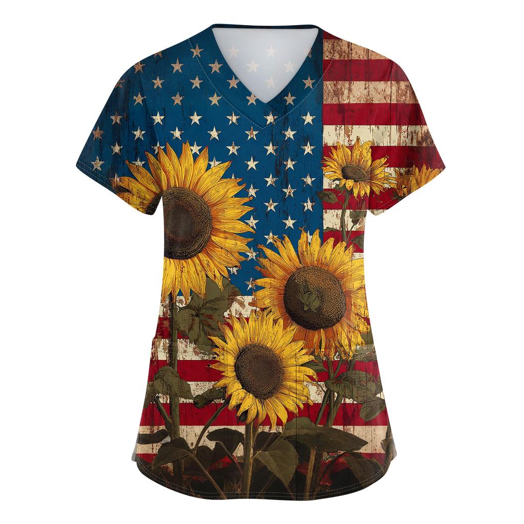 Damen V-Ausschnitt Unabhängigkeitstag Aufdruck Kurzarm Tasche Seitenöffnung Schutzkleidung Arbeitshemd