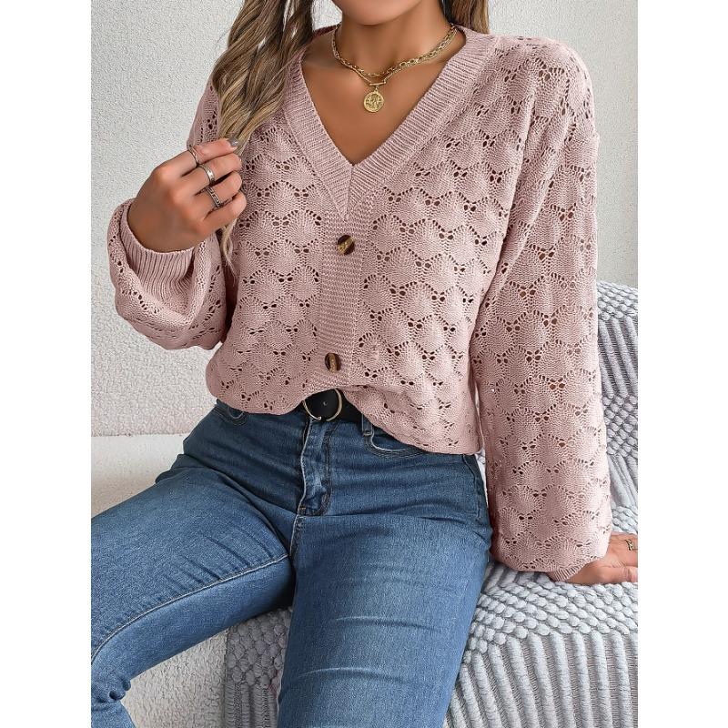 

Autumn and winter casual V-neck button hollow lantern sleeve pullover sweater, elegant casual gray temperament ladies long-sleeved knitted sweater L розовый