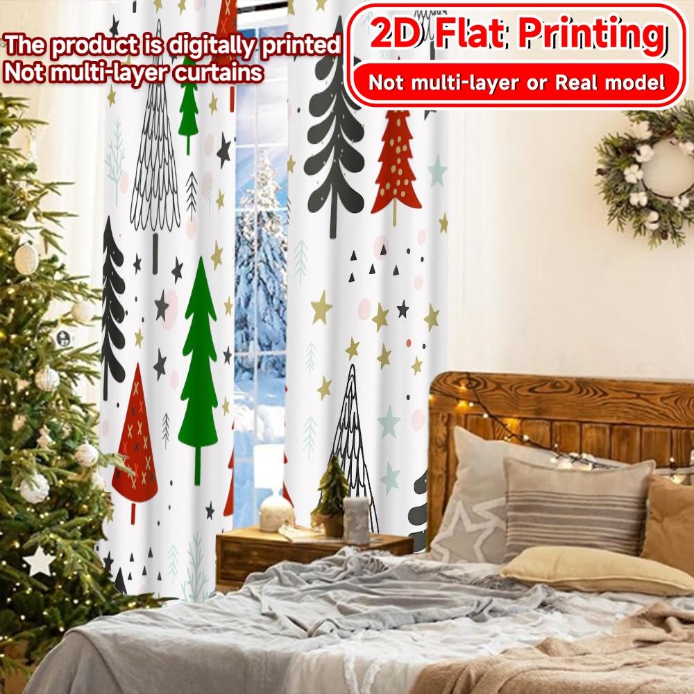 Set Of 2 Modern Flat Printing Curtains Without Rod Festive Forest Fashionable Curtainments During Christmas Holiday Curtain Polyester