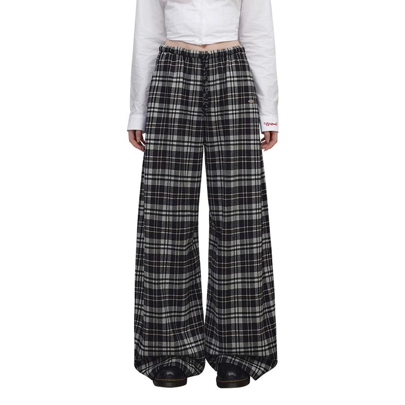 

UNIFREE Retro Plaid Brushed Wide-Leg Casual Pants L