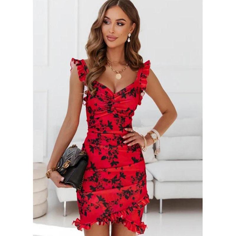 Summer Vintage Women's Dresses Butterfly Sleeve Party Dresses Sexy V Neck Sleeveless Dresses
