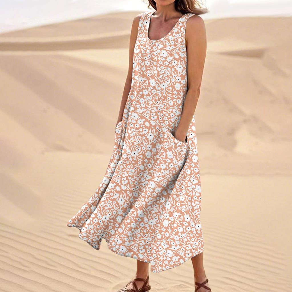 Women's Summer Casual Fashion Flower Printed Sleeveless  Pocket Dress