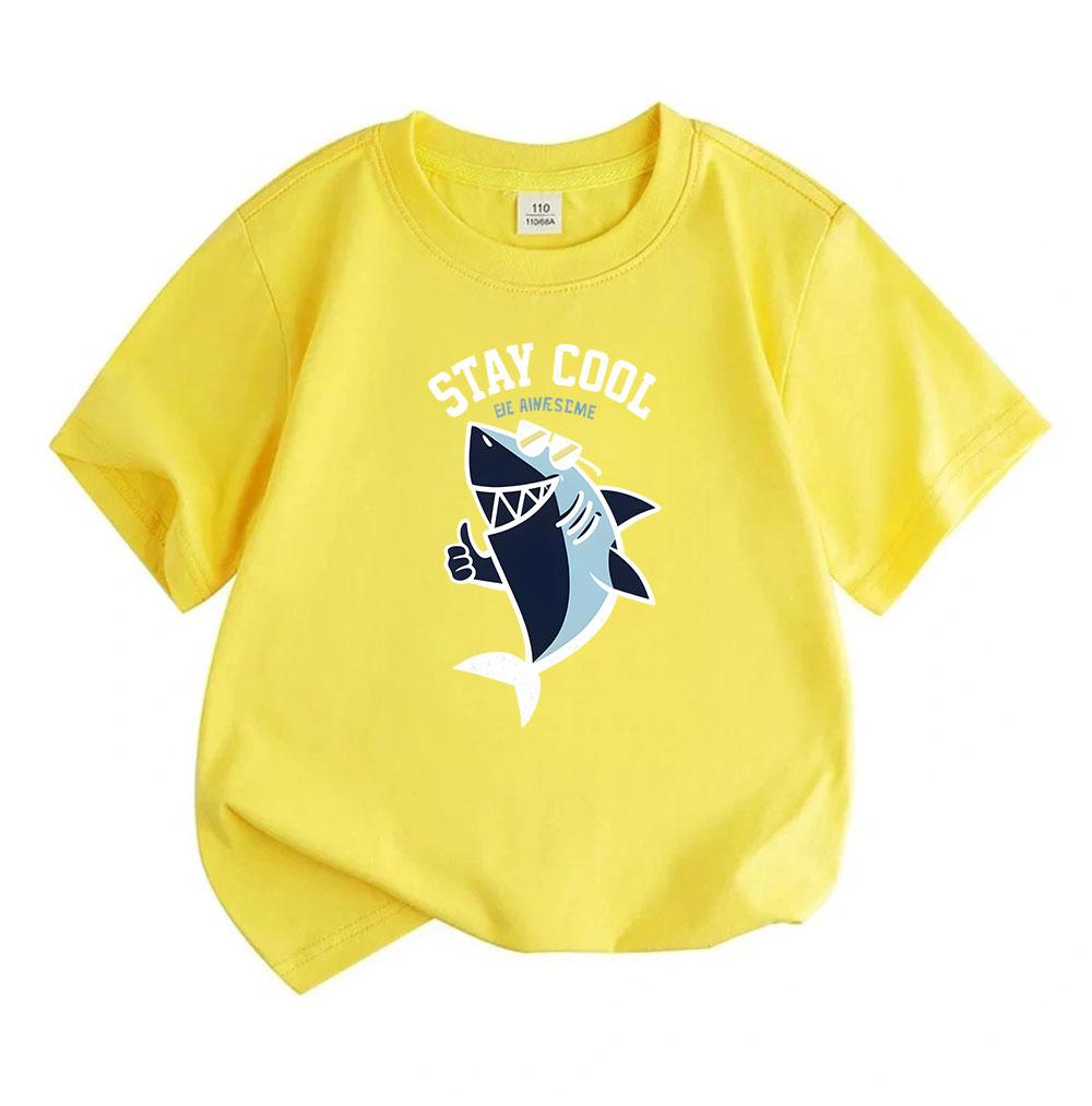 Kids Boys Girls 100% Cotton Crew Neck Short Sleeve T-Shirt, Cool Shark Print Stay Cool Be Awesome Casual Soft Lightweight Summer Tee for Children Dail