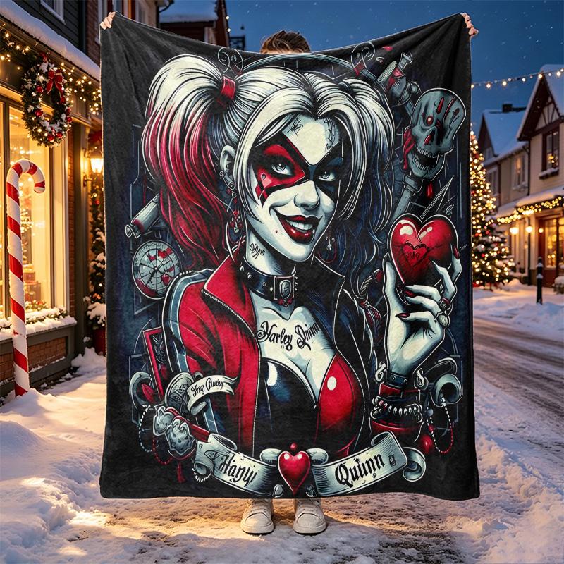 Harley Quinn Joker Pattern Blanket for Home Decoration, Bed, Sofa, Car Travel, Camping, Suitable for All Seasons, Birthday Christmas Gift