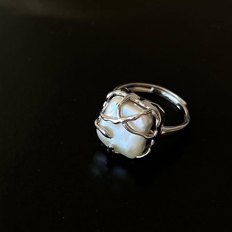 925 Geometric Stylish Silver Ring With Irregular Design And Pearl For Trendy Women Gifts