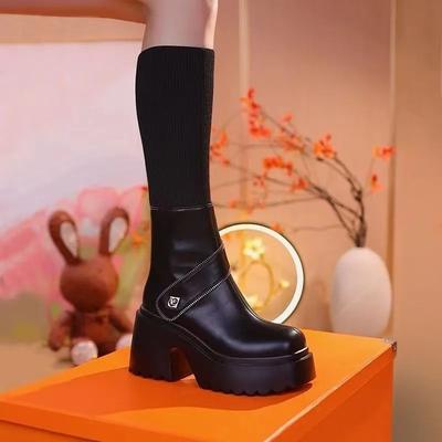 Mode Européenne et Américaine Bottes à Talons Hauts à Semelle Épaisse 2024 Automne Sens du Design Plateforme Antidérapantes Bottes Mi-Mollet pour Femmes Trafza