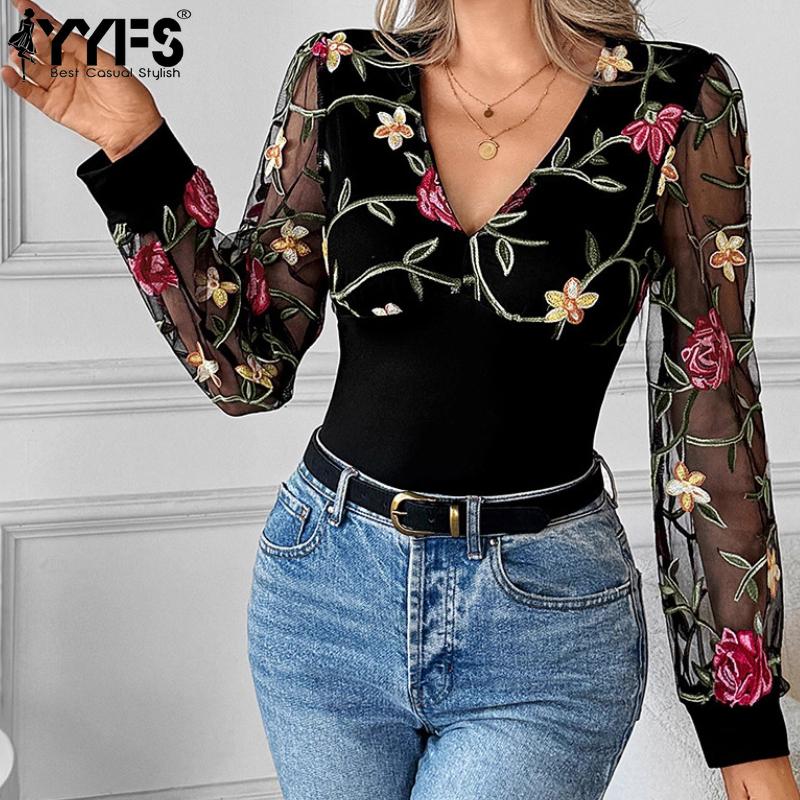 YYFS Women's Fashion Casual Spring Autumn Flower Pattern Print Long Sleeve V-Neck Blouses & Shirts