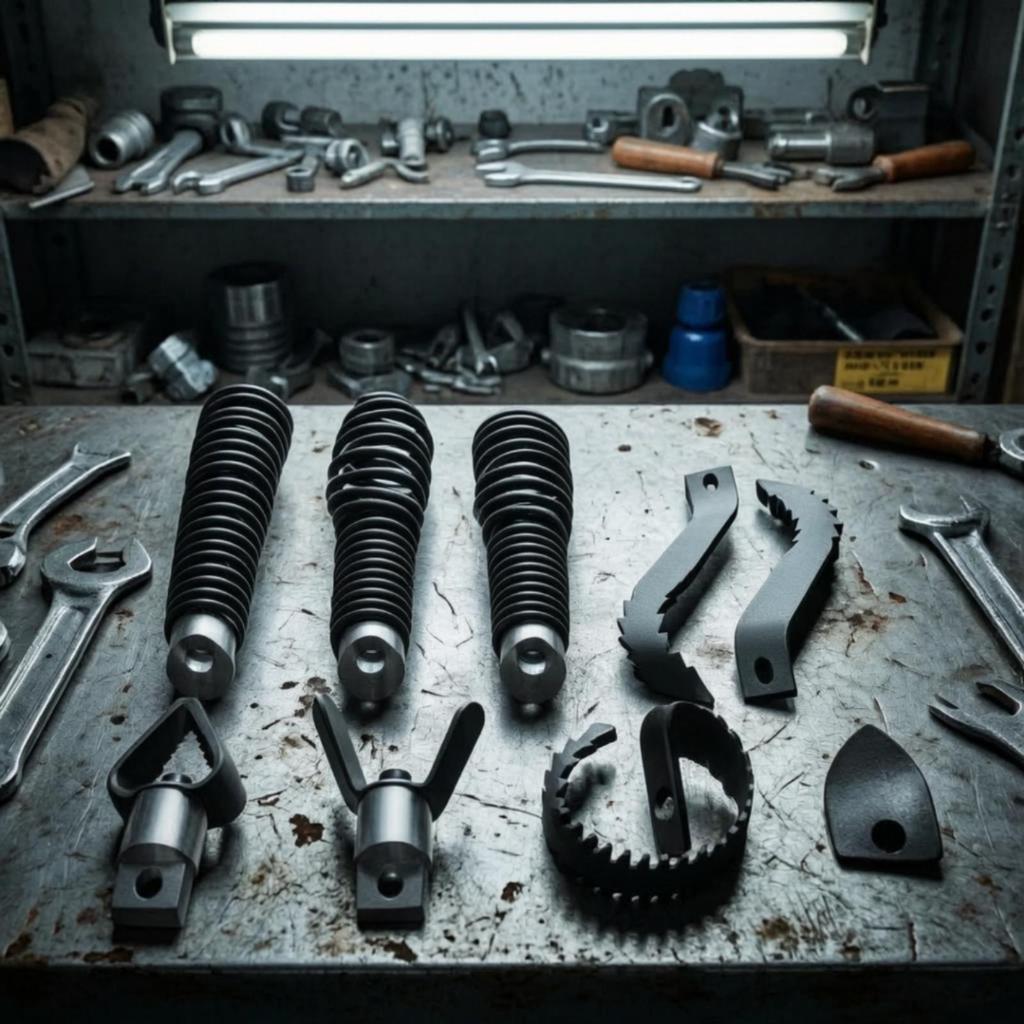 Drain-Cleaning Machine Attachment with Coiled Spring Shaft Compact Drain Pipe