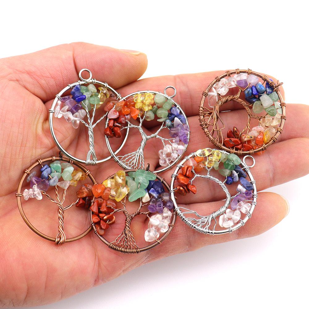 Seven-Color Natural Crystal Tree of Life Necklace Pendant with Crushed Stone, N737