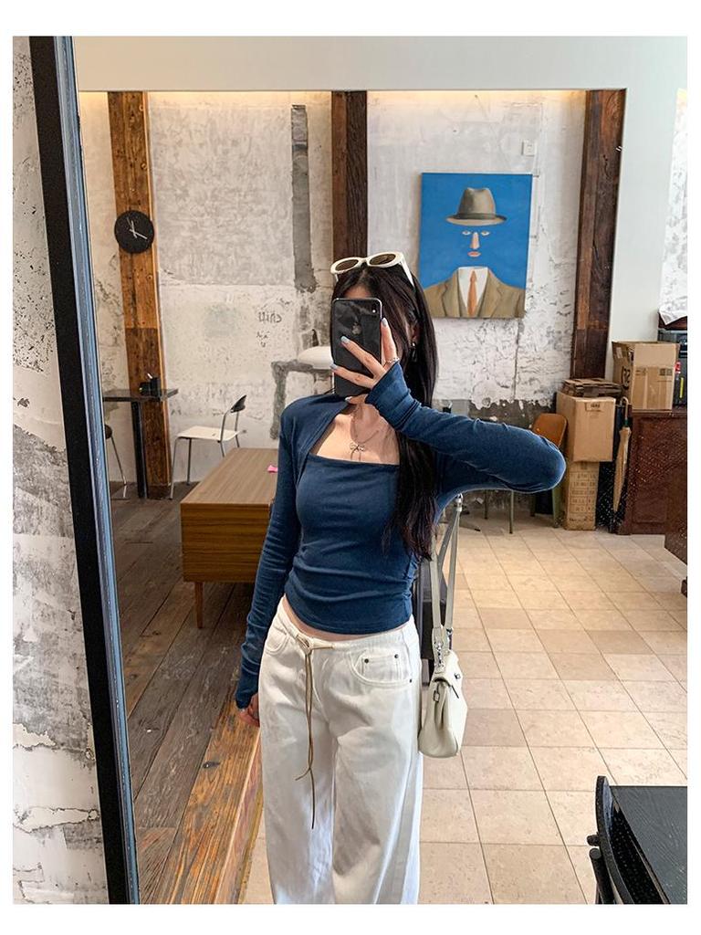 Women's European Tencel Wool Square Neck Long Sleeve Slim Fit Top - Autumn/Winter 2025