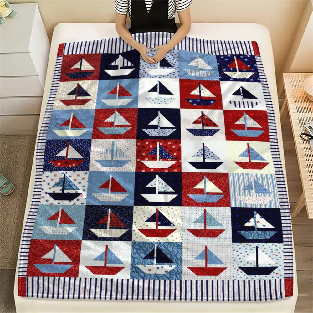 1Pc Nautical Theme Print Flannel Blanket, High quality Comfortable for All Seasons, Home Decor, Warmth and Comfort, Perfect for Christmas Gifts