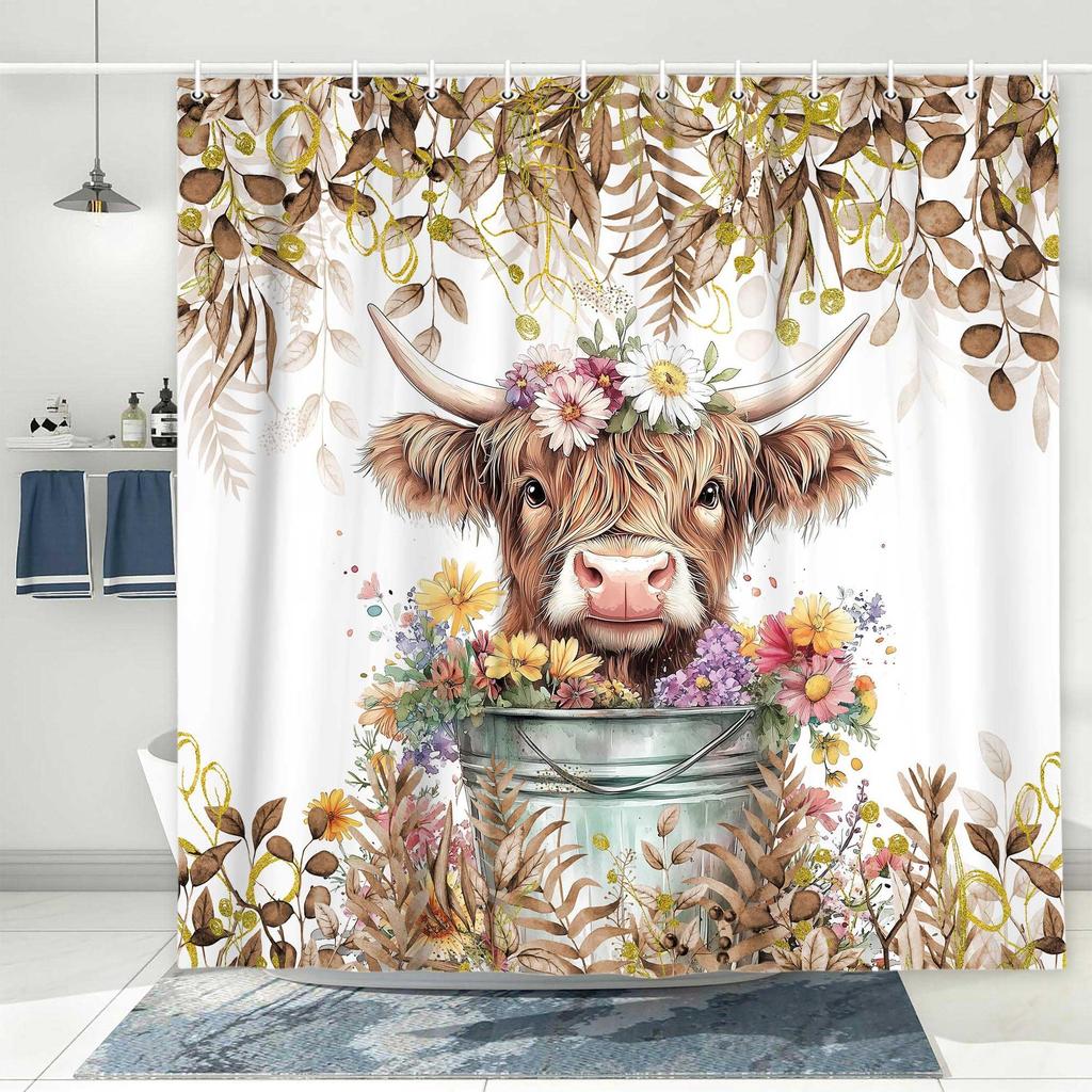 Gray Eucalyptus Highland Cattle Shower Curtain Watercolor Plant Flower Farmhouse Shower Curtain Plant Bathroom Curtain Set With Hook