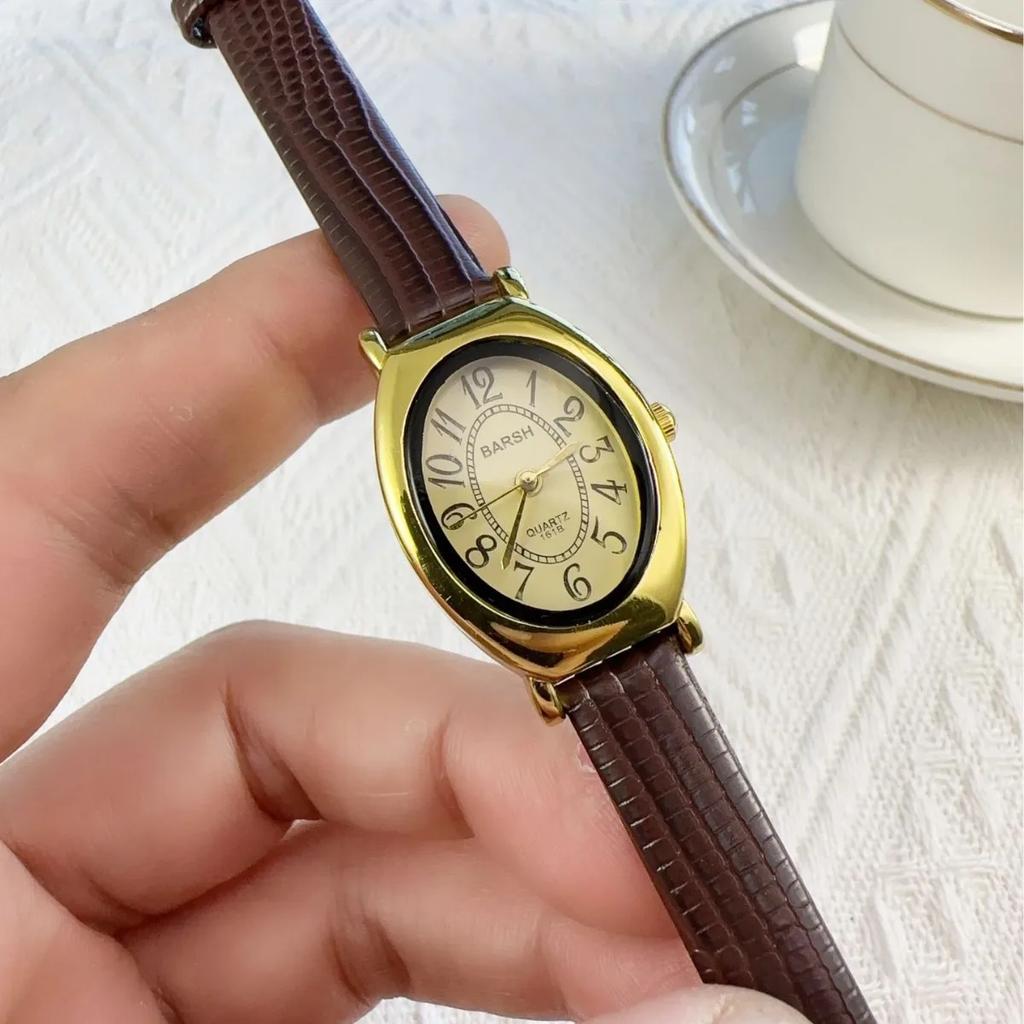 Vintage Design Classic Watch Fashion Oval Number Dial Quartz Watches Brown Leather Band Wristwatch Montre Femme Dropshipping