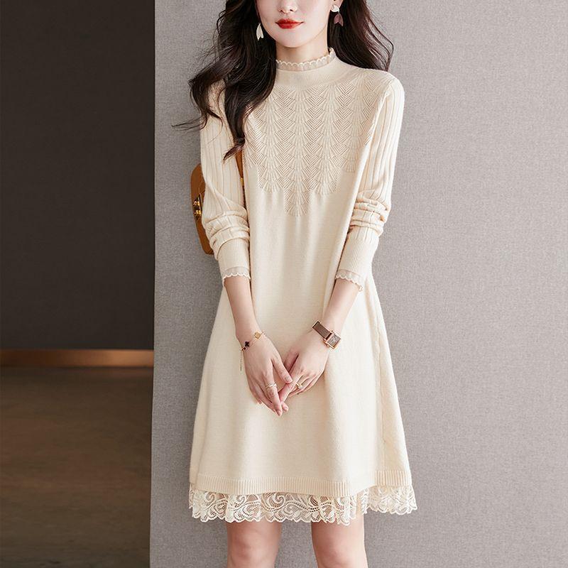 Bottom shirt medium and long sweater skirt autumn and winter clothing women's inner lace 2025 new thin knitted dress loose