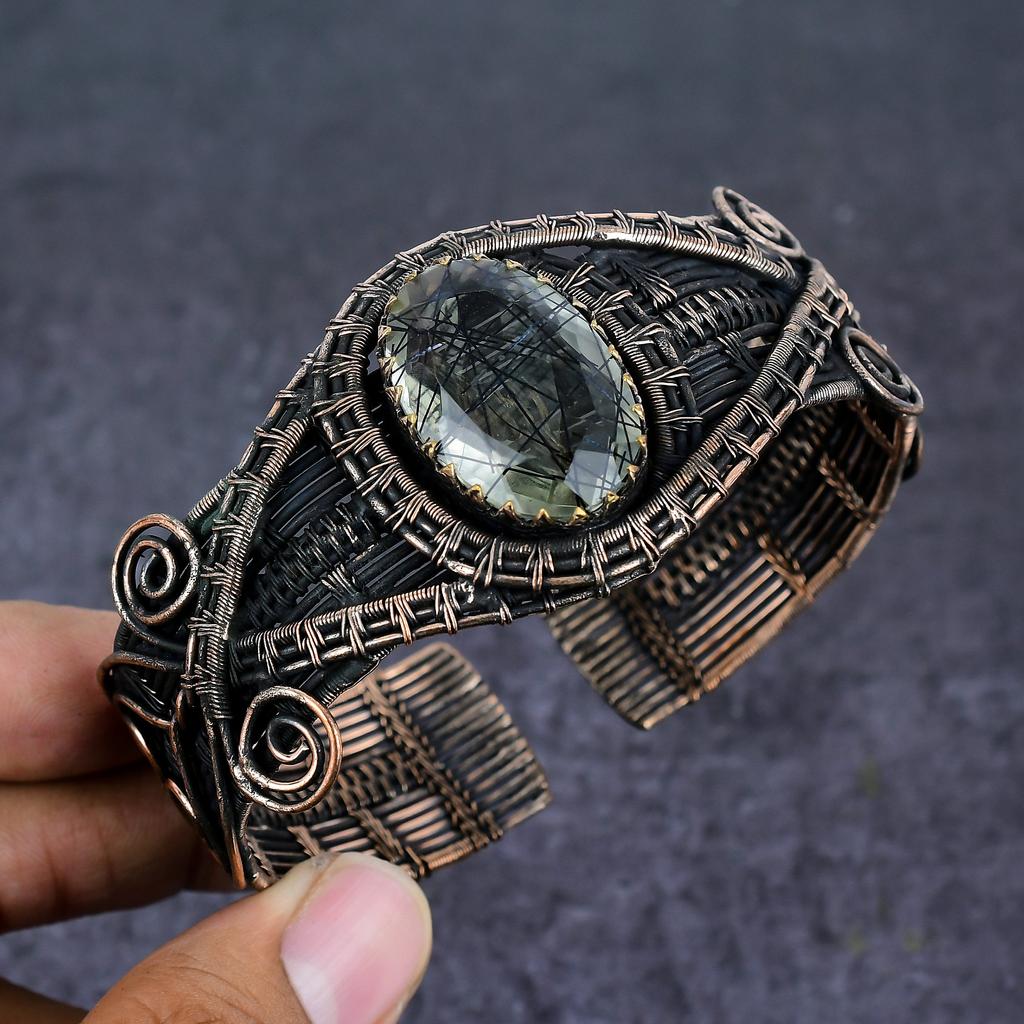 Natural Black Rutile Gemstone Copper Wire Wrap Cuff Bangle Adjustable R7N37